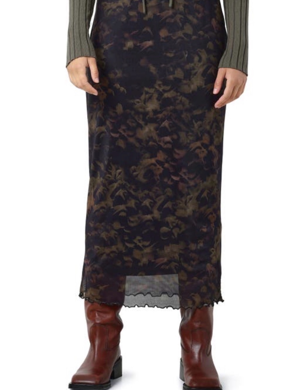 Noisy May Abstract Green Camo Mesh Maxi Skirt small Lettuce Edge Trim Y2K